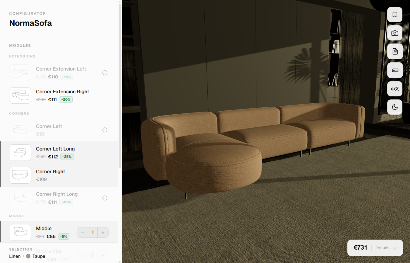 Oramify 3D sofa configurator on mobile